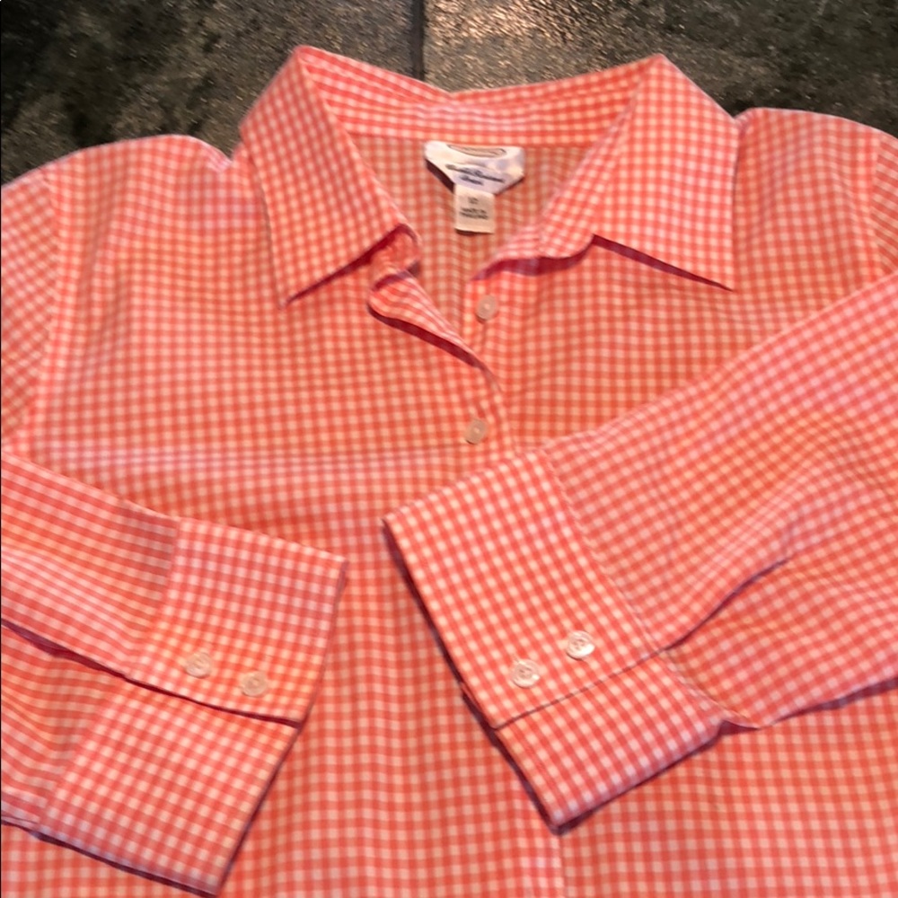 Wrinkle resistant Orange and White plaid blouse